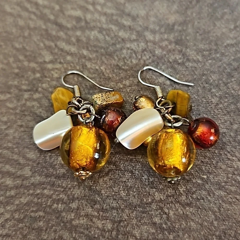 VTG Glass Shell Bead Cluster Festival Dangle Hook Earrings